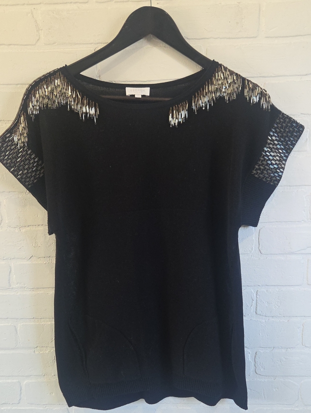 Escada Black Knit Top with Silver Beaded Trim
